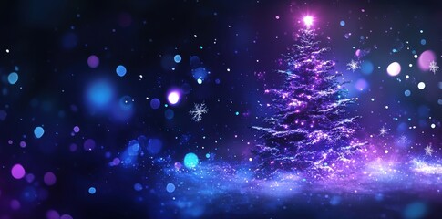 Wall Mural - abstract background with christmas tree and snowflakes, glowing lights, bokeh effect, blue purple color palette, white stars on black background