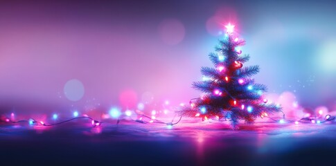 Wall Mural - abstract background with christmas tree and snowflakes, glowing lights, bokeh effect, blue purple color palette, white stars on black background