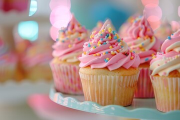 Sticker - Festive cupcakes with pink frosting and colorful sprinkles on a pastel stand