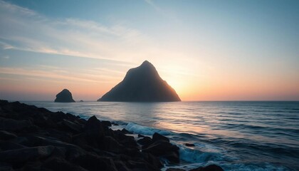  A rocky island in the ocean at sunrise, featuring soft tones and a tranquil atmosphere.