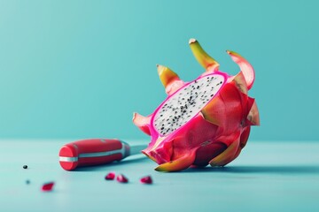 Poster - Vibrant pink dragon fruit cut open to reveal its white flesh and seeds, alongside a red knife