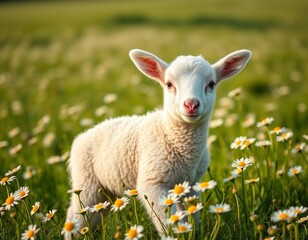 Portrait of a little lamb in a meadow on a sunny day.