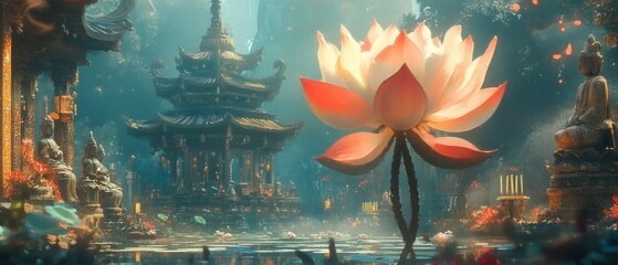 Canvas Print - Lotus Flower Temple Garden Buddhism, Hinduism Religion Spiritual Symbol - Generative AI