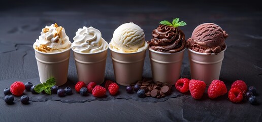 Assortment of ice cream scoops in small cups, various flavors. Close up view on a dark background.  Mint, chocolate, vanilla and caramel flavors.