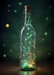 Wall Mural - Colorful glass bottle filled with string lights, creating a vibrant and whimsical visual effect against a dark background