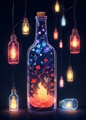 Wall Mural - Colorful glass bottle filled with string lights, creating a vibrant and whimsical visual effect against a dark background