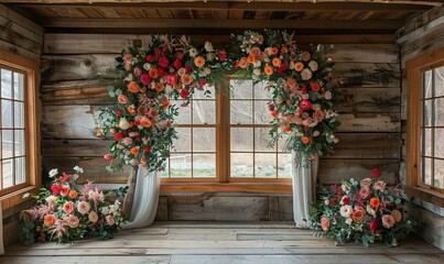 Wall Mural - Wooden frames with floral arrangements creating a rustic wedding backdrop