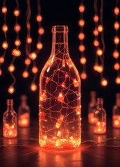 Wall Mural - Colorful glass bottle filled with string lights, creating a vibrant and whimsical visual effect against a dark background