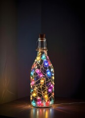 Wall Mural - Colorful glass bottle filled with string lights, creating a vibrant and whimsical visual effect against a dark background