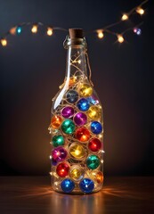 Wall Mural - Colorful glass bottle filled with string lights, creating a vibrant and whimsical visual effect against a dark background