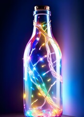 Wall Mural - Colorful glass bottle filled with string lights, creating a vibrant and whimsical visual effect against a dark background