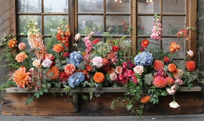 Wall Mural - Wooden frames with floral arrangements creating a rustic wedding backdrop