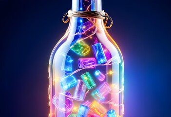 Wall Mural - Colorful glass bottle filled with string lights, creating a vibrant and whimsical visual effect against a dark background