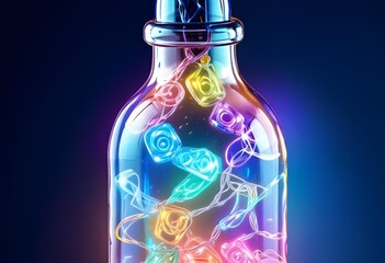 Wall Mural - Colorful glass bottle filled with string lights, creating a vibrant and whimsical visual effect against a dark background