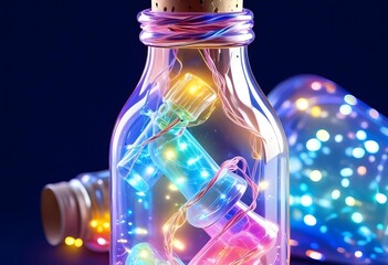 Wall Mural - Colorful glass bottle filled with string lights, creating a vibrant and whimsical visual effect against a dark background