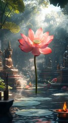 Poster - Lotus Flower Temple Garden Buddhism, Hinduism Religion Spiritual Symbol - Generative AI