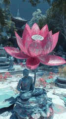 Poster - Lotus Flower Temple Garden Buddhism, Hinduism Religion Spiritual Symbol - Generative AI