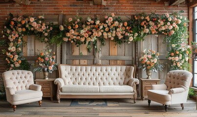 Wall Mural - Wooden frames with floral arrangements creating a rustic wedding backdrop