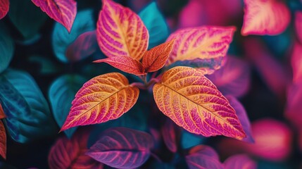 Wall Mural - Close-up of Vibrant Orange and Pink Leaves with Veins