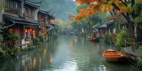 Wall Mural - Serene Canal Scene in a Traditional Chinese Village