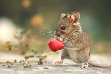 Charming image of a tiny mouse standing with a small red boxing glove on a blurred background