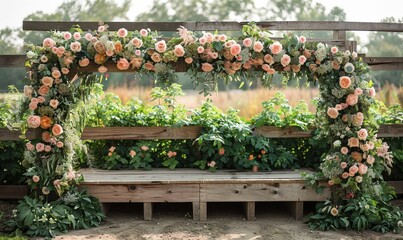 Wall Mural - Wooden frames with floral arrangements creating a rustic wedding backdrop