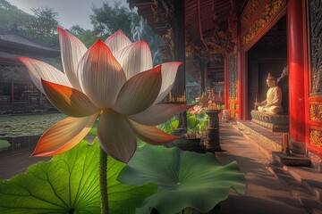 Wall Mural - Lotus Flower Temple Garden Buddhism, Hinduism Religion Spiritual Symbol - Generative AI