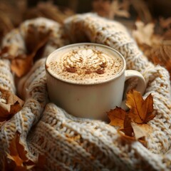 Wall Mural - Cozy Autumn Setting with Pumpkin Spice Latte and Fall Leaves in a Knitted Scarf