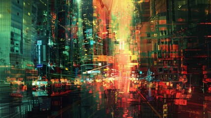 Abstract urban landscape at night with vibrant colors and lights blending in a busy city street