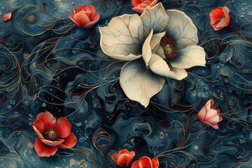 Wall Mural - Whimsical Floral Symphony in Blue and Red