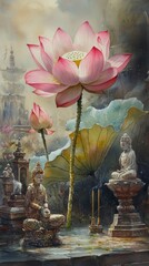 Wall Mural - Lotus Flower Temple Garden Buddhism, Hinduism Religion Spiritual Symbol - Generative AI