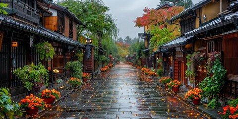 Wall Mural - Rainy Day in a Traditional Japanese Street