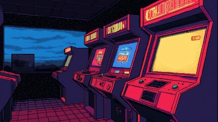 Wall Mural - Digital pixel art of a retro arcade