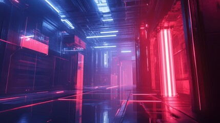 Wall Mural - A futuristic hallway illuminated with vibrant neon lights in blue and pink, creating a high-tech and cyberpunk ambiance.