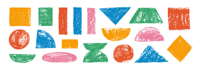 Aufkleber - Set of crayon drawn colorful geometric basic shapes and quirky figures. Hand drawn pencil or chalk texture, geometric figures.