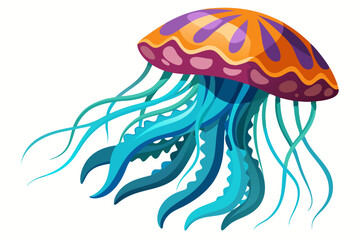 Colorful Jellyfish with Blue Tentacles and Orange and Purple Dome