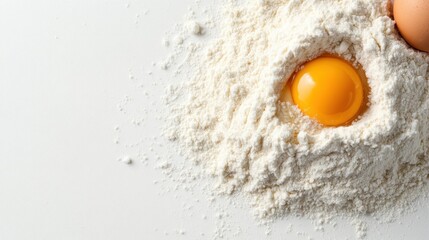 Detailed shot of a heap of flour with a single egg cracked into it, on a white surface, representing common ingredients used in baking or cooking preparations.