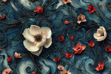 Wall Mural - Floral Symphony in Teal and Gold