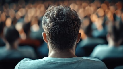 A view from behind of an individual seated among a large audience, highlighting themes of collective experience, focus, and engagement within a theater setting.