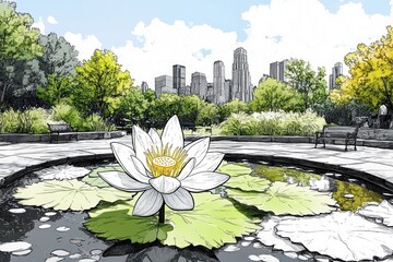 Wall Mural - Lotus Flower Urban Oasis Buddhism, Hinduism Religion Spiritual Symbol - Generative AI