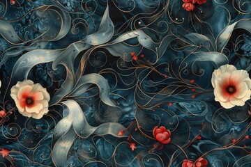 Wall Mural - Floral Abstract with Gold Swirls on Blue Background