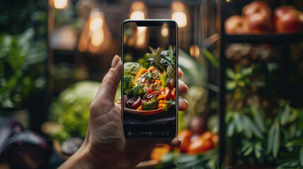 Wall Mural - Close-up of a human hand taking a photo of food using a modern phone. Concept of food, restaurants.