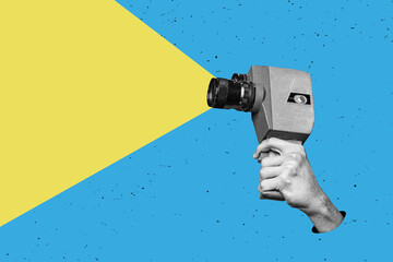 a hand holding retro film camera. vintage cinema poster. contemporary flat design art collage.