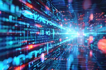 Abstract cyberspace landscape with flowing code and light trails representing digital data