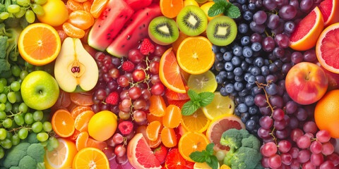 Poster - The colorful rainbow of fruits and vegetables includes watermelon, orange juice, kiwi, grape leaves, broccoli, apple slices, blueberries, green apples, lemons, oranges, black plums, grapes.