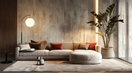 Sticker - Chic lounge area with cozy couch and floor lamp. Text space available