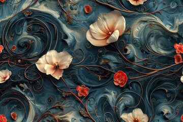 Wall Mural - Intricate Floral Design on a Blue Background