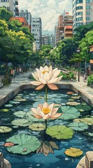 Sticker - Lotus Flower Urban Oasis Buddhism, Hinduism Religion Spiritual Symbol - Generative AI