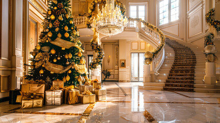 Grand mansion with luxurious staircase, elegantly decorated for Christmas. Hallway features large Christmas tree with gold ornaments and gifts. Concept of holiday luxury, elegance. home interior