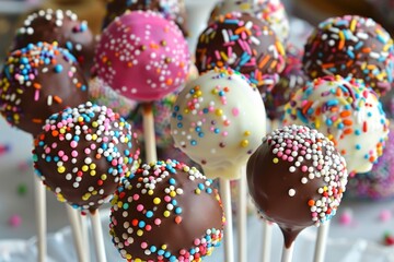 Sticker - Assorted cake pops dipped in chocolate and decorated with colorful sprinkles on a blurred background